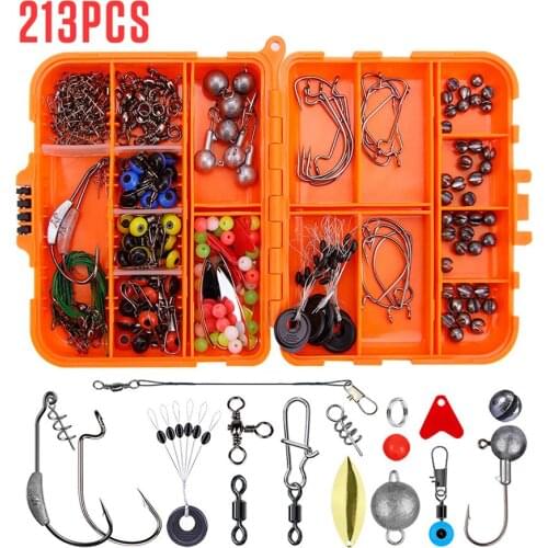 213pcs Texas Fishing Kit Including Fishing Beads Sinker Weights Snaps Rolling Swivel Connector Bass Perch Sea Rock Crank Hook