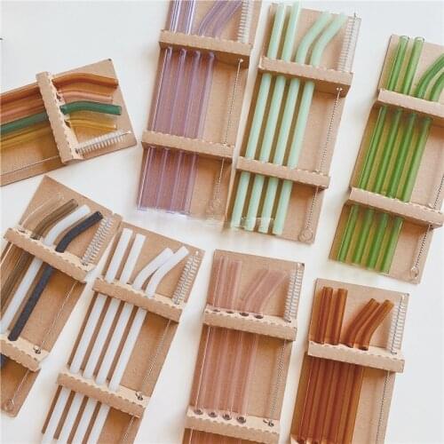 Reusable Color Glass Straw Heat-resistant Cold Beverage Straight Bent straight Straws 200mm*8mm Drinking straw 4pc