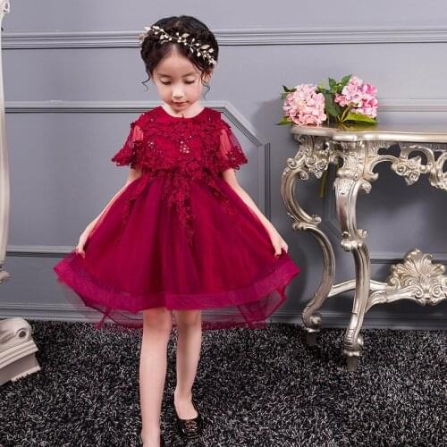 Girls Shawl Wedding Dress Elegant Floral Long Evening Party Dress For Stage Show Embroidered Flower Tutu Dress Children Clothing