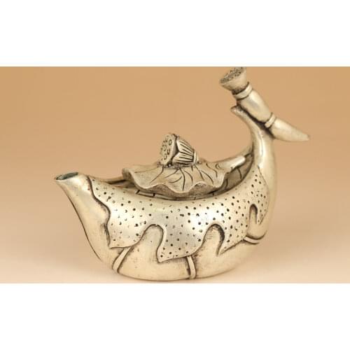 Exquisite Antique Chinese Silver Copper Carving Lotus Tea Pot Kungfu Tea Set Statue