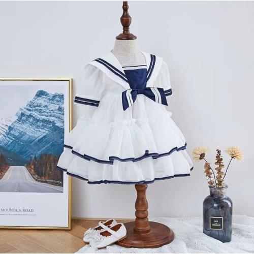 Summer Vintag Lolita Spanish Princess Short Sleeve Dress For Bady Girl Birthday Party for Cute Child Turkey Navy Style Dress