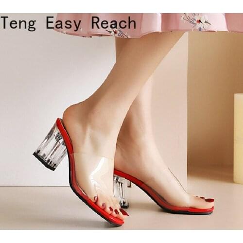 Summer High Heels Women Shoes Fashion Transparent Heels Sexy Hollow Breathable Slippers Square Toe Female Clear Heels Slides