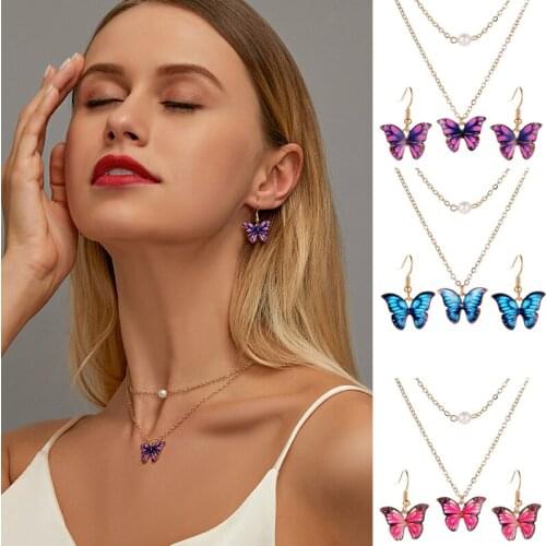 Hot sell Butterfly Pendant Jewelry set For Women Girls Fashion Design Insect Stud Earrings Necklace Party Gifts