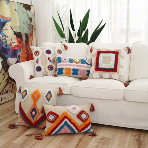 Linen Golden Geometric Embroidery Cushion Cover Moroccan Pillowcase India Tassels Fringe Rectangle Pillow Cover 45x45cm/30x50cm