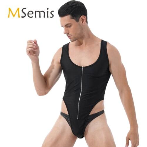 Mens Zipper Front High Cut Bodysuit Solid Color Sleeveless Nightwear Casual U Neck High Cut Jumpsuits Gym Sports Fitness Leotard