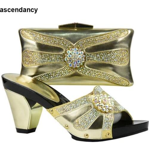 New Arrival African Shoes and Bag Set Gold Color Italian Ladies Shoe and Bag Set Decorated with Rhinestone High Quality Shoe Bag