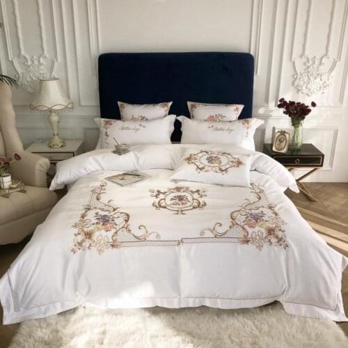 King Queen Size Comforter Cover Flat/Fitted Bed Sheet Set White Chic Embroidery 4Pcs Cotton Satin Wedding Bedding Sets Luxury