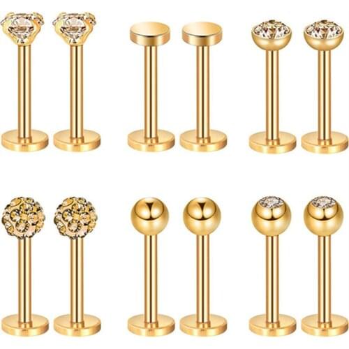 12PCS Stainless Steel Labret Piercing 16G Lip Ring Crystal Lip Helix Piercing Tragus Earring Cartilage Stud Body Pircing Jewelry