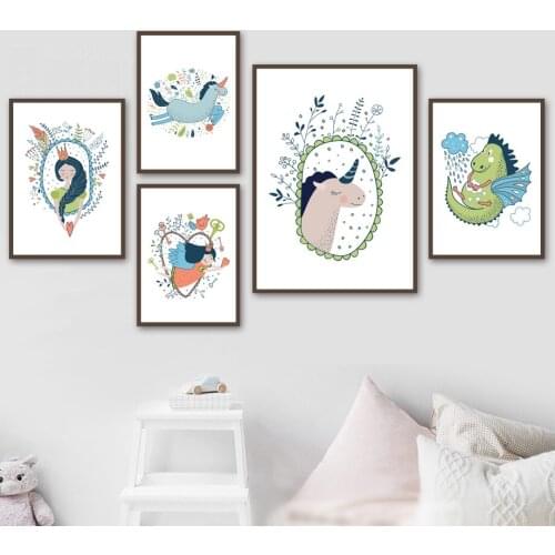 Unicorn Girl Dinosaur Animal Poster Wall Art Print Canvas Painting Baby Girl Room Decor Wall Pictures For Kids Room