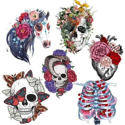 Thermo Stickers Skull Heat Transfer Patches For Jacket Accessories DIY Flower Heart Iron On Transfer Patches On Clothing Stripes