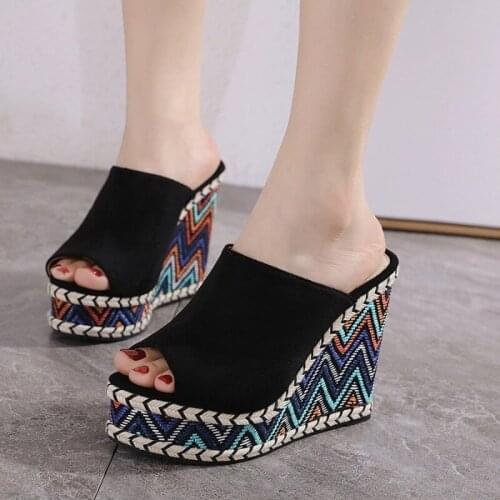 2021 New Summer Platform Wedges Sandals Cane Hemp Rope Straw Shoes Espadrilles Silppers Mule Slide Ultra High Heels 12.5CM