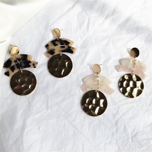 Gold Color Hammered Alloy Beaten Disc Drop Earring Pink/Leopard Acetate Bar Charm Earrings for Women Fashion Jewelry 2020 NEW