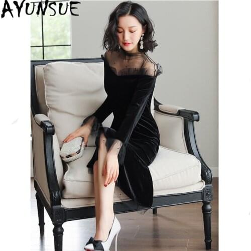 Spring Autumn Dress for Women Vintage Party Velvet Dress 2020 Ladies Dresses Black Elegant Mesh Dress Elegant Vestidos MY2317