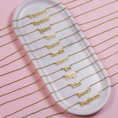 Vintage 12 Zodiac Letter Constellation Necklace Fashion Gold Color Stainless Steel Lover Women Men Aries Birthday Gift Necklace