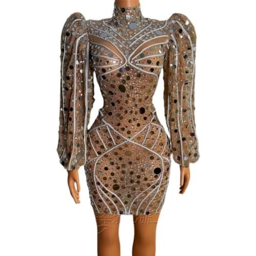 Women Gogo Dancers Costumes Sequined Rhinestone Dress Puff Sleeve Stretch Jumpsuit Stage Performance Wear Festival Outfit DN9570