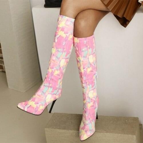 Pointy Toe Colorful Print Elegant Ladys Knee High Boots Stiletto Thin Heel Soft Plush Lining Side Zip Big Size 48