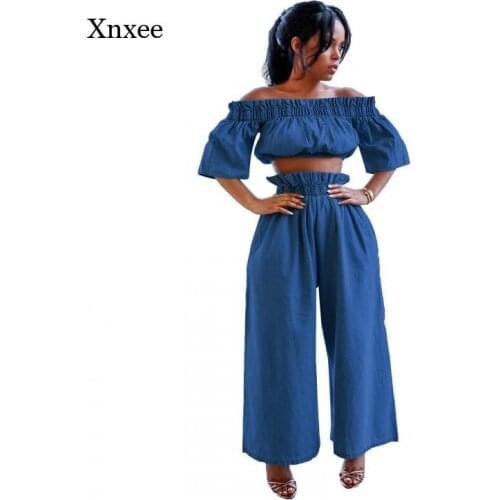 Summer Womens Denim Suit Two-Piece Casual Jeans Large Size Diagonal Collar Cropped Blouse Wide Leg Trousers Suit Loose Movement
