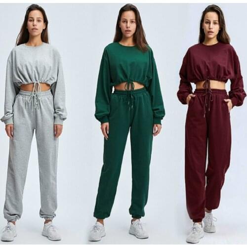 Women Fitness Sports Loose 2 Pieces Set Outfits Pullover Pants Suit 2021 Home Sweatpants Trousers Solid Casual Navel Tracksuit