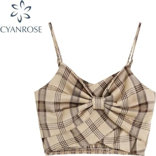 Summer Sexy Crop Top Women 2021 Fashion New Korean Style Big Bow Design Sleeveless Backless Slim Khaki Plaid Ladies Tank Tops