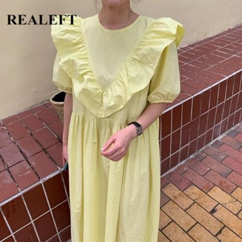 REALEFT Summer 2021 New Elegant Solid Ruffles Womens Long Dresses Short Sleeve O-Neck Casual Loose Female Korean Dresses