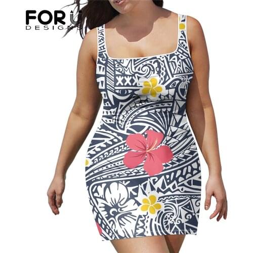 FORUDESIGNS Women U Neck Sleeveless Short Dress Polynesian Hibiscus Printing Lady Sexy Camisole Knee-Length Dresses Nighty Fancy