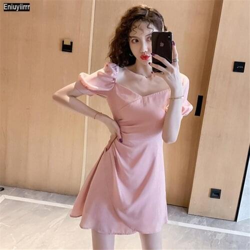 Pink Vestidos Women 2021 Sexy Off Shoulder Design Vintage French Cute Mini Elegant Party Dress