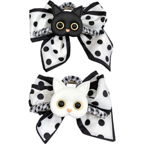 066C Big Cat Hair Claw Clips Ribbon Bow Hair Barrette Ponytail Holder Accessories