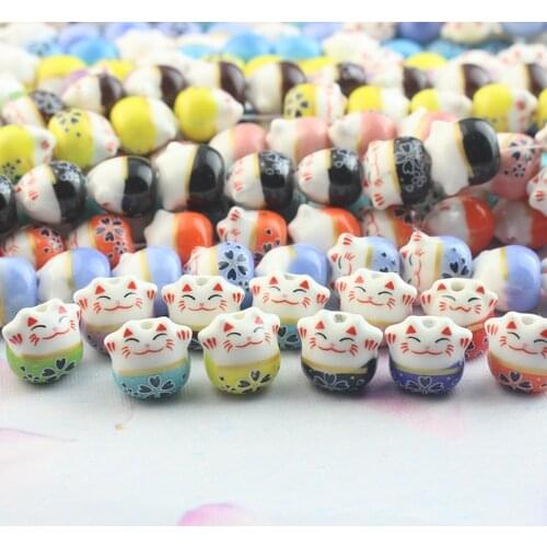 15pcs Hand Painted Ceramic Beads 13x14mm Loose Spacer Lucky Cat Ceramics Bead For Jewelry Making DIY Bracelet Necklace