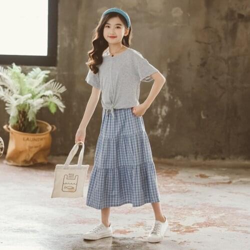 2021 Girls Clothing Sets Summer Children Suit Kids Tops Tees and Blue Plaid Long Skirts Kids 2 Pcs Set Fashion Clothes 6-14Y