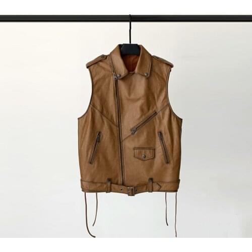 2021 Autumn New Leather Vest, Female Sheep Skin Sleeveless Leather Coat, Oil Wax Leather Locomotive Leisure Waistcoat