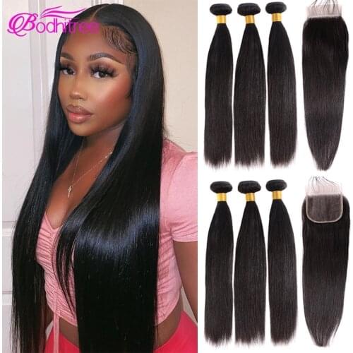 30 Inch Straight Bundles With Closure Human Hair 3 Bundles With Closure Bundles With HD Transparent Lace Closure Hair Extensions