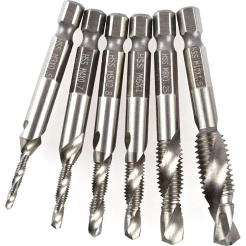 6pcs Metric Composite Tap Drill Bit Set 1/4'' Hex Thread Spiral Screw M3-M10 High Hardness HSS 4341 Rustproof Durable Powe