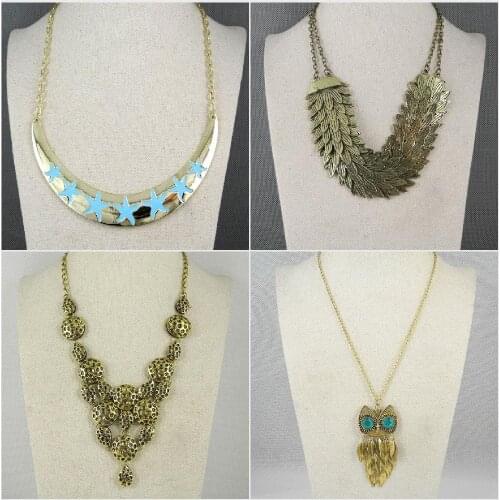 Fashion Jewelry Necklace Pendent Half Moon Collar Blue Stars Bronze Metal Leaves String Beetle Hollow Gold Scale Owl