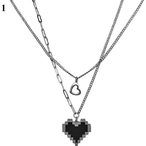 Black Mosaic Love Pixel Peach Hollow Heart Double Layer Necklace Punk Harajuku Style Fashion Asymmetry Womens Jewelry