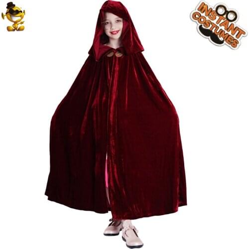 Girls Velvet Princess Long Cloak Fancy Party Outfits Kids Cosplay Halloween Costumes Red Witch Hooded Cape