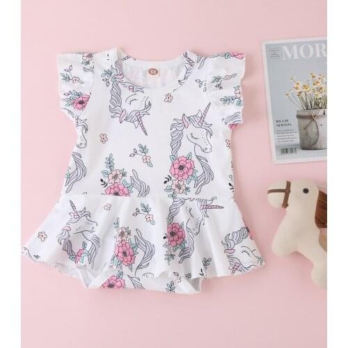 Baby Girl Romper Dress Baby Girl Bodysuit Cartoon Animal Horse Print Ruffles Sleeve Baby Jumpsuit Baby Girl Clothes Summer 0-18M