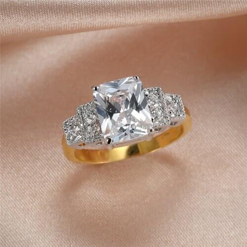 White Crystal Zircon Square Stone Ring Vintage Fashion Yellow Gold Rings For Women Wedding Jewelry Female Geometric Promise Ring