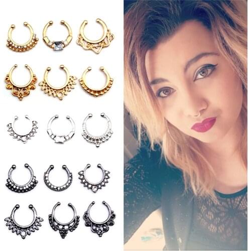 Crystal Fake Nose Ring Black Color Round Septum Piercing Clicker Faux Clip Non Body Hoop for Women Wholesale Jewelry 3 Color