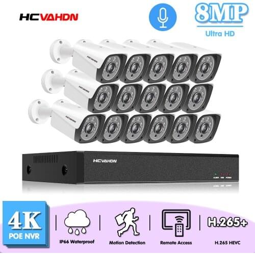 8MP POE Bullet Camera System Set 16CH NVR Kit 4K Outdoor Waterproof Audio CCTV Security Surveillance Camera System Kit HDD