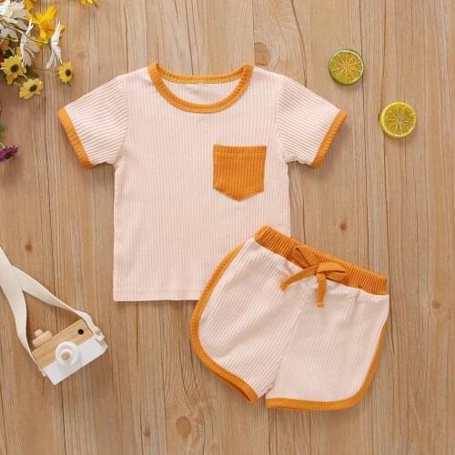 Children Summer Shorts Short Sleeve 2-Piece Suit Pockets Set Boys Pit Stripes Round Neck Cotton Tops Shorts Suit for Daily Life