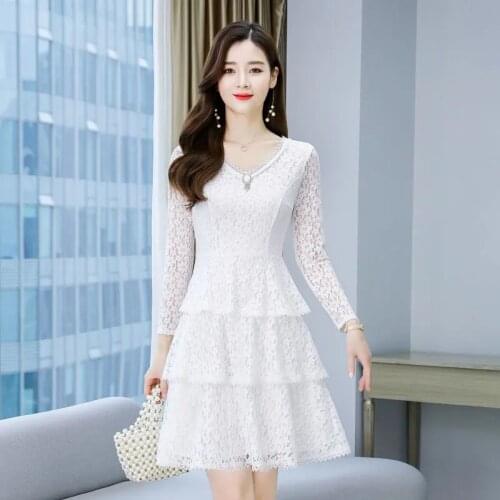 Lace Elegant Dress 2021New Spring Autumn Women Dress Female Korean Fashion Long Sleeve A-Line Vintage Dresses Vestidos Plus Siz