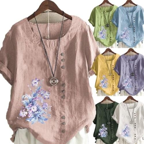 Summer Womens New Fashion O-neck Floral Print Short Sleeve Top Loose Linen T-shirt Casual Top S-5XL