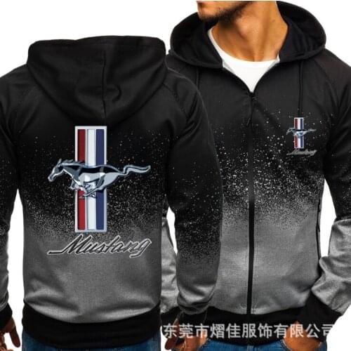 NEW2021 for MUSTANG Car Logo Print Casual HipHop Harajuku Gradient color Hooded Mens Fleece Sweatshirts zipper Jacket