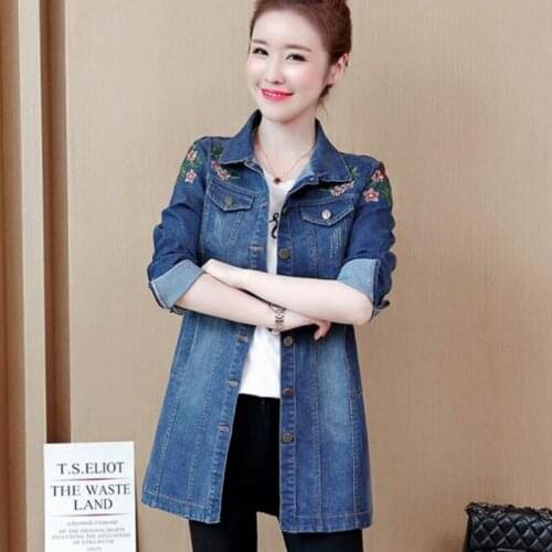 New Spring Autumn Denim Womens Windbreakers Coat Middle Long Payment Printing Single-Breasted Loose Casual Ladies Cowboy Jacket