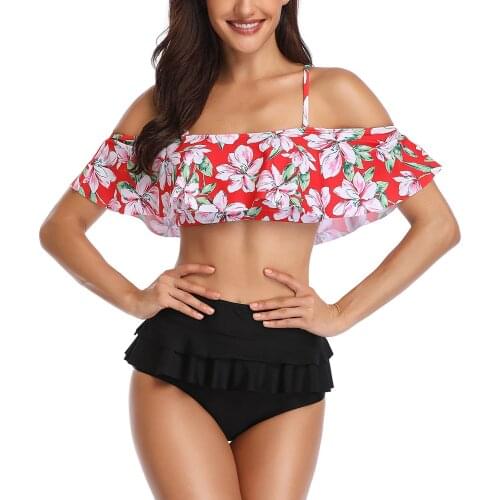 2020 New Sexy Bikinis Women High Waist Swimsuit Flower Print Ruffle Bikini Set One Off Shoulder Swimwear Sexy Beach Biqiuni