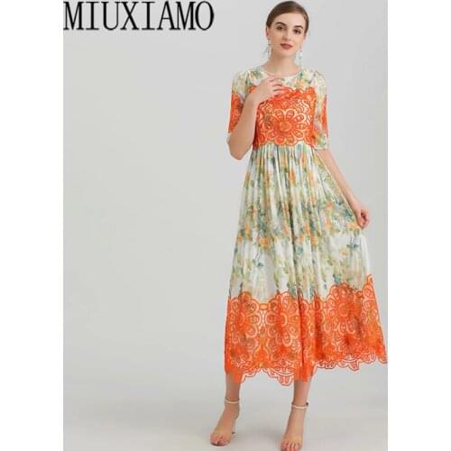 MIUXIMAO 2021 Summer New Fashion O-Neck Half Sleeve Lace Print Waist Slim Dress Elegant Office Lady Style