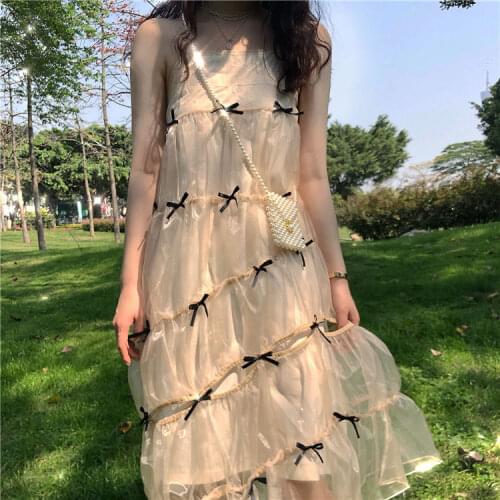 2021 summer new gold amber Japanese organza bow sling dress mesh gauze dress Embroidery Spaghetti Strap