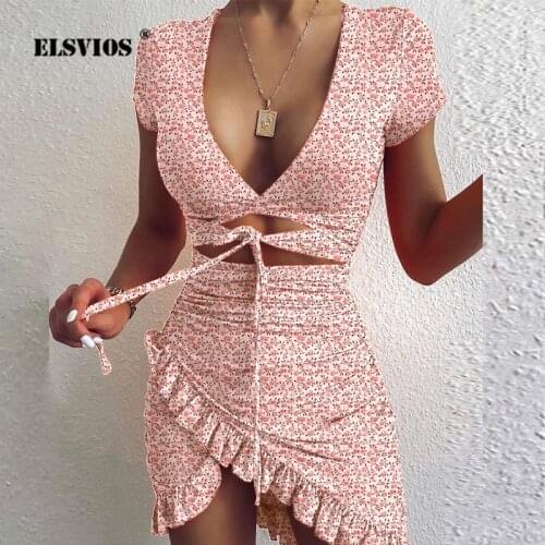 New Summer Deep V Neck Ruffle Mini Dress Women Floral Print Short Sleeve Party Dress Elegant Hollow Out Slim Fit Bodycon Dresses