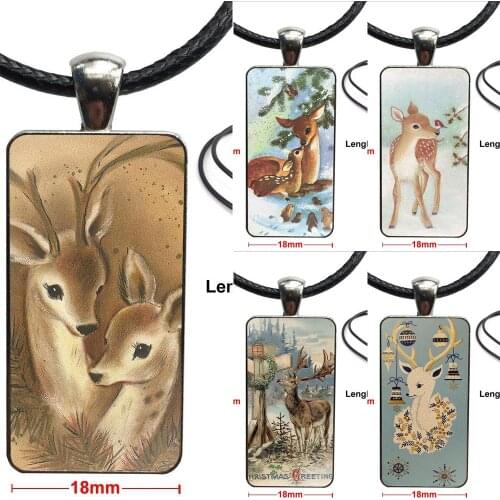 For Girls Fashion Glass Cabochon Necklace With Women Statement Pendant Rectangle Necklaces Jewelry Vintage Christmas Deer