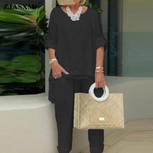 Casual Simple Cotton Linen Set Women Fashion O Neck Irregular T Shirt Pullover and Pocket Pants Suit Spring Autumn Lady Outfits